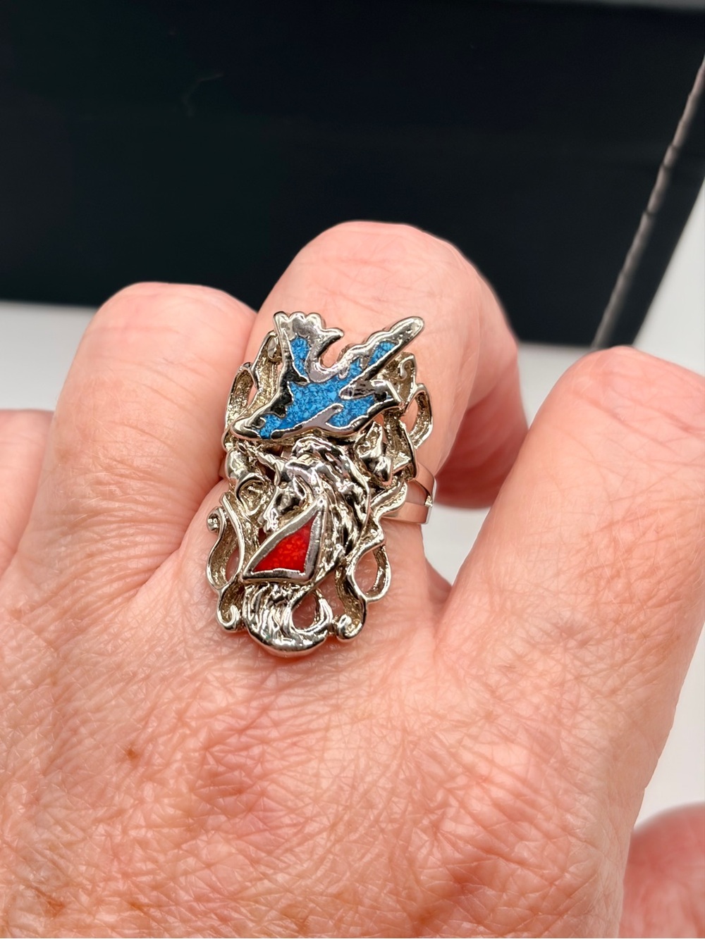 Tribal Silver Plated Statement Ring with Turquoise and Coral Accents